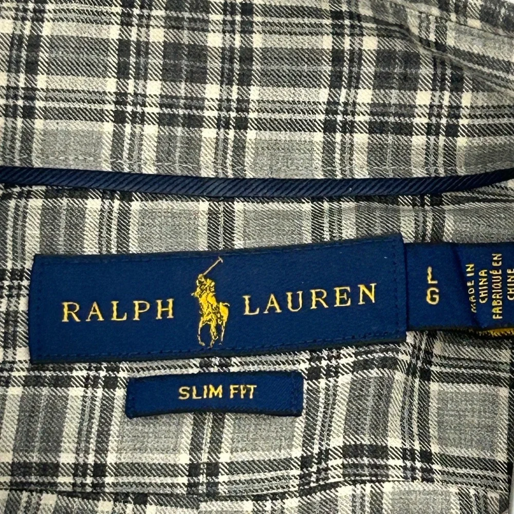 Ralph Lauren Button Down Shirt Men Large Gray Plaid Slim Fit Long Sleeve Cotton